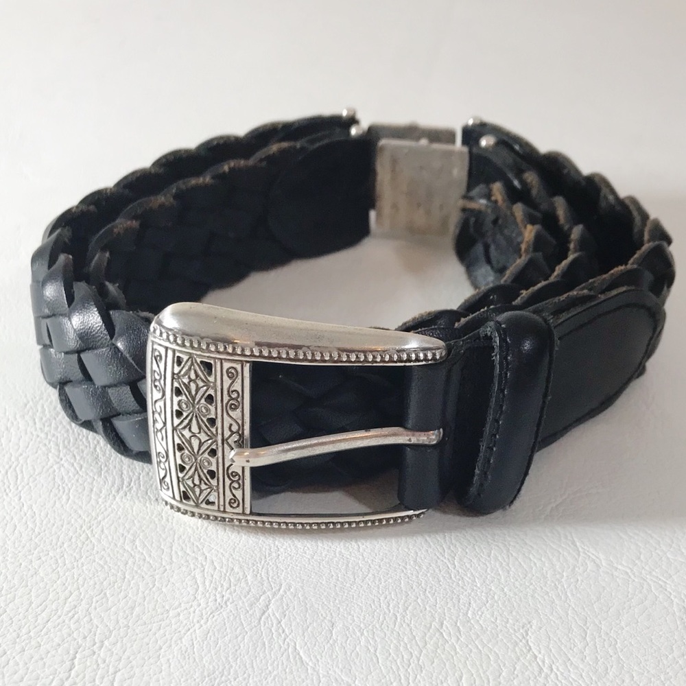 Fossil Black Leather Braided Belt Silver Details